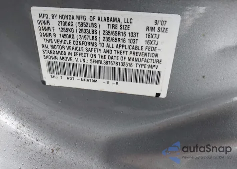 2007 Honda Odyssey Ex-L from USA, damaged, VIN 5FNRL38767B132516